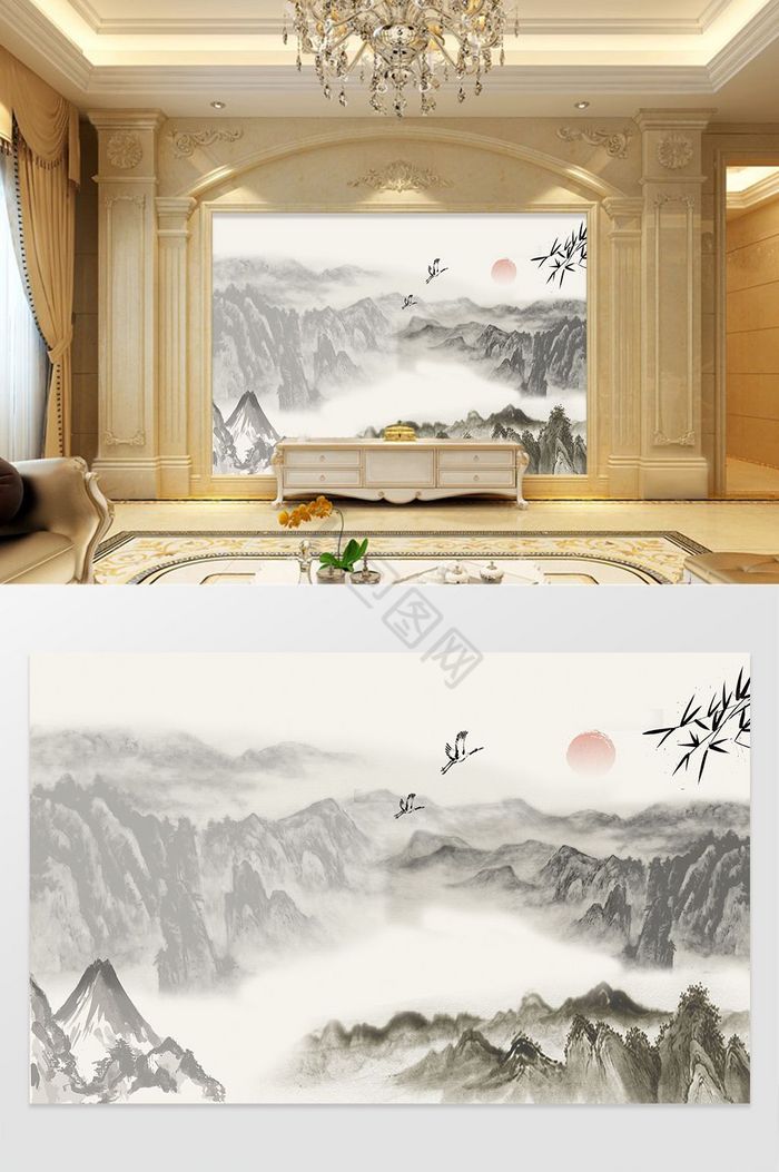 水墨画风格中国山水电视背景墙图片