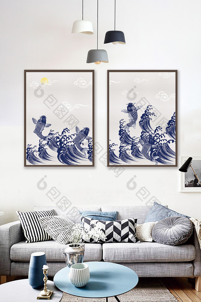 中式剪纸蓝色海洋锦鲤山水装饰画