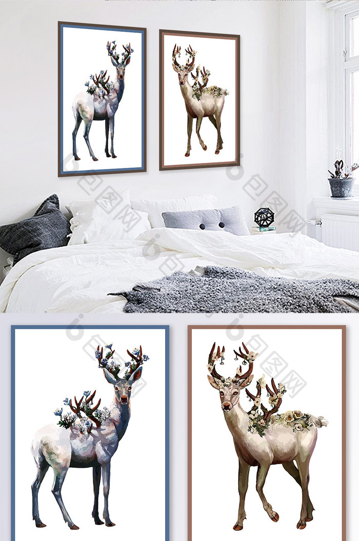 北欧水彩手绘麋鹿动物图案客厅卧室装饰画
