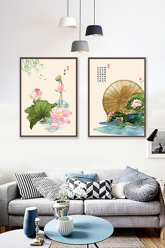 荷花水墨中国风两联装饰画图片