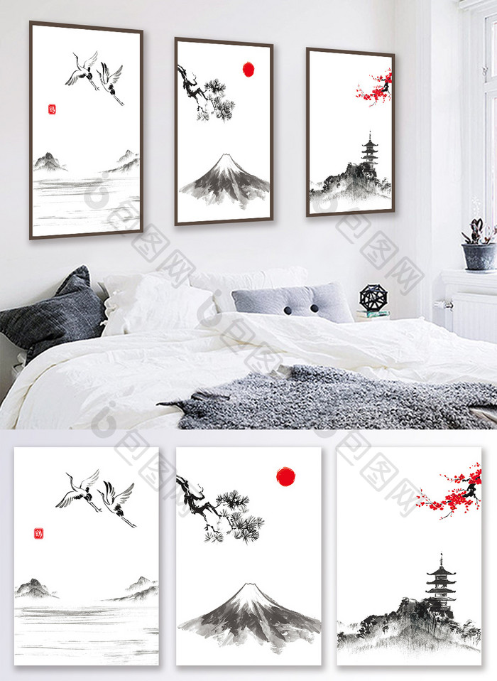 中国风新中式客厅卧室装饰画三联画