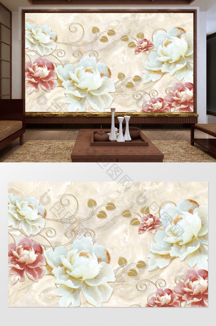 中式3D牡丹富贵大理石浮雕电视背景墙