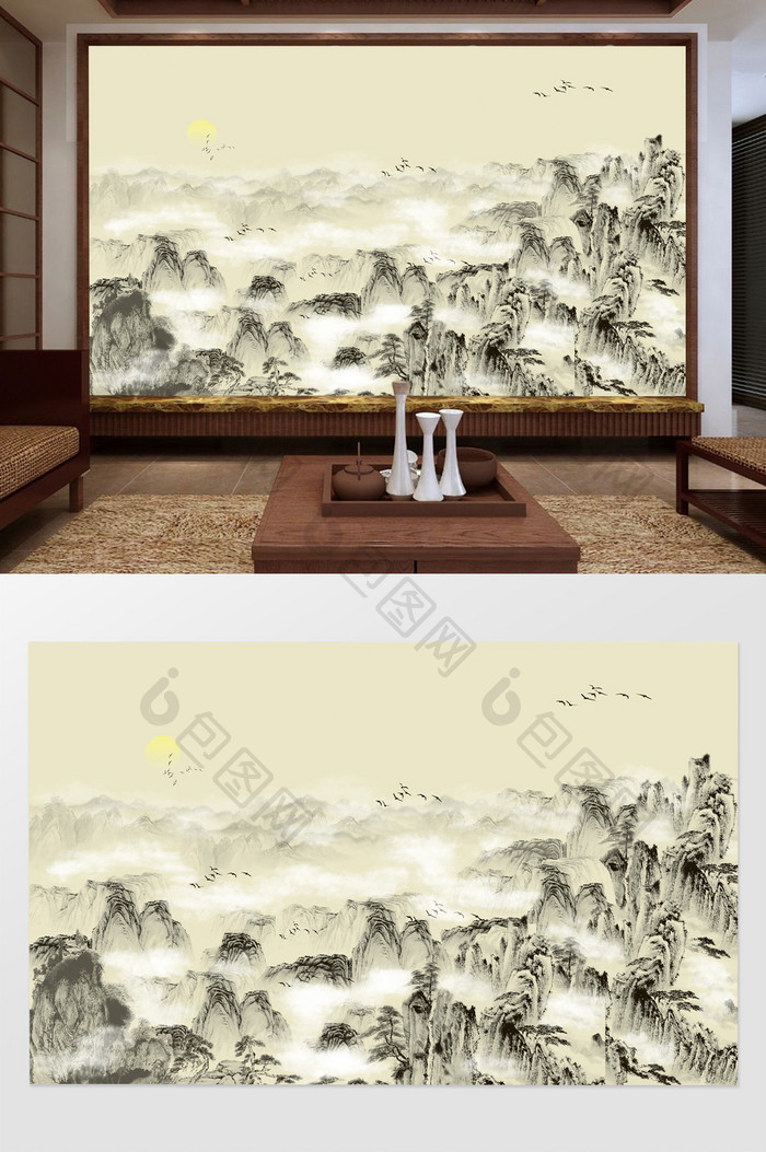中国风中式手绘意境水墨山水电视背景墙