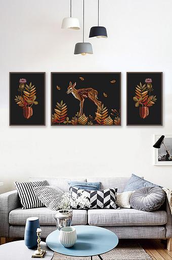 现代简约北欧自然鹿植物装饰画图片