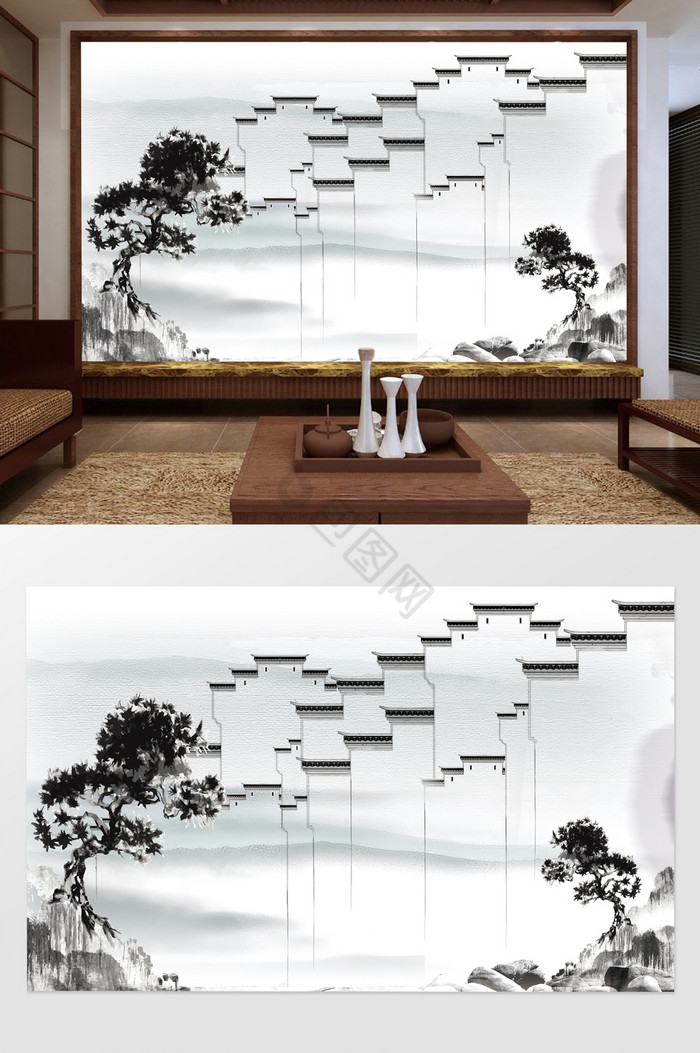新中式山水风江南人家客厅电视背景墙图片