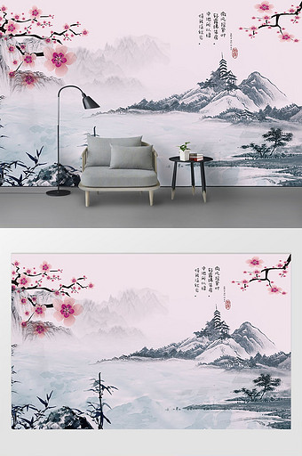 中式山水淡彩墨画电视背景墙图片