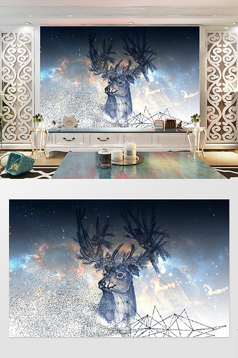 欧式创意星空麋鹿几何背景墙壁画图片