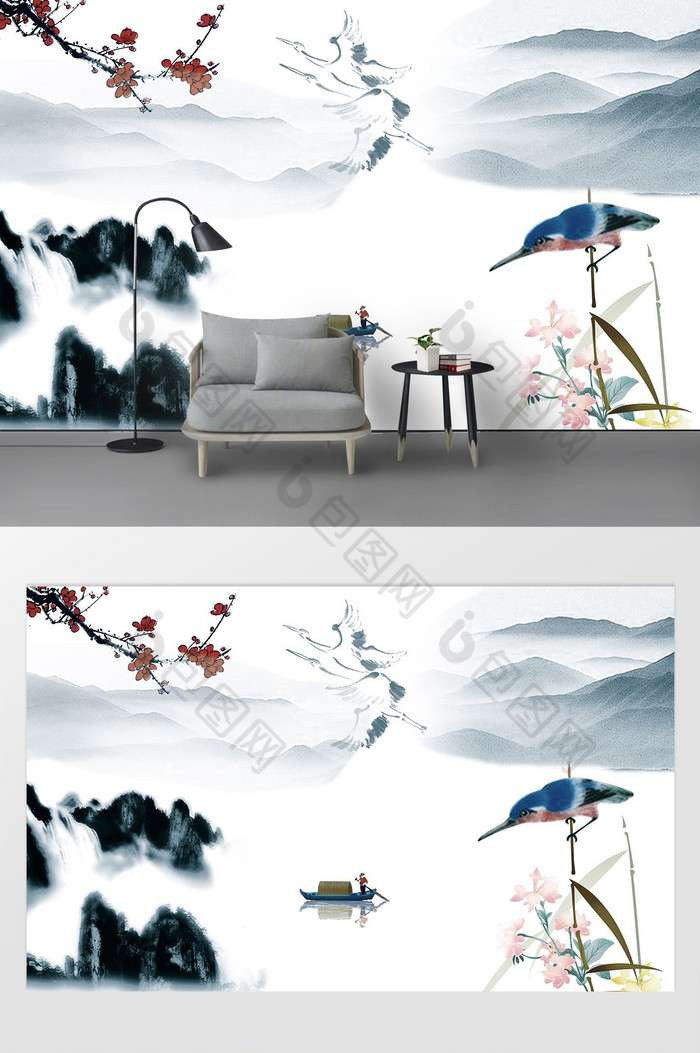 新中式白鹭翠鸟水墨客厅电视背景墙图片图片