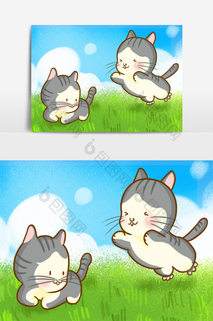 可爱小清新两只小猫在玩耍元素手绘插画
