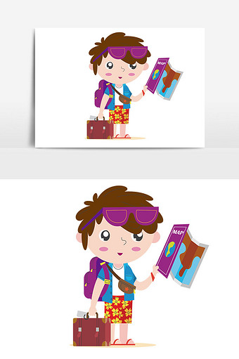 背着行李的小男孩卡通人物插画图片