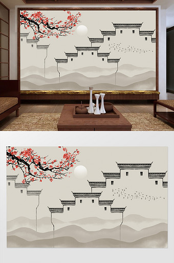 新中式水墨徽派建筑马头墙背景墙图片