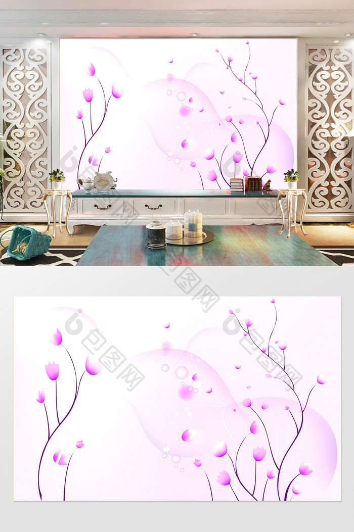 粉紫色现代简约几何线条花朵电视背景墙