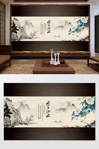 中式山水牡丹电视背景墙图片