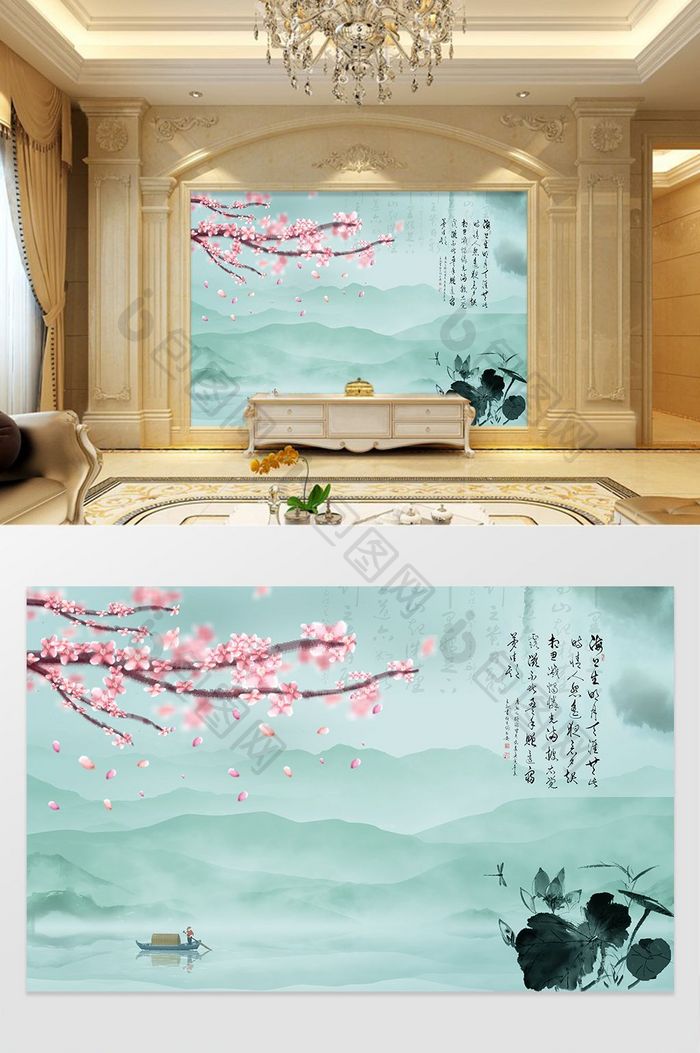中式水墨山水桃花背景墙