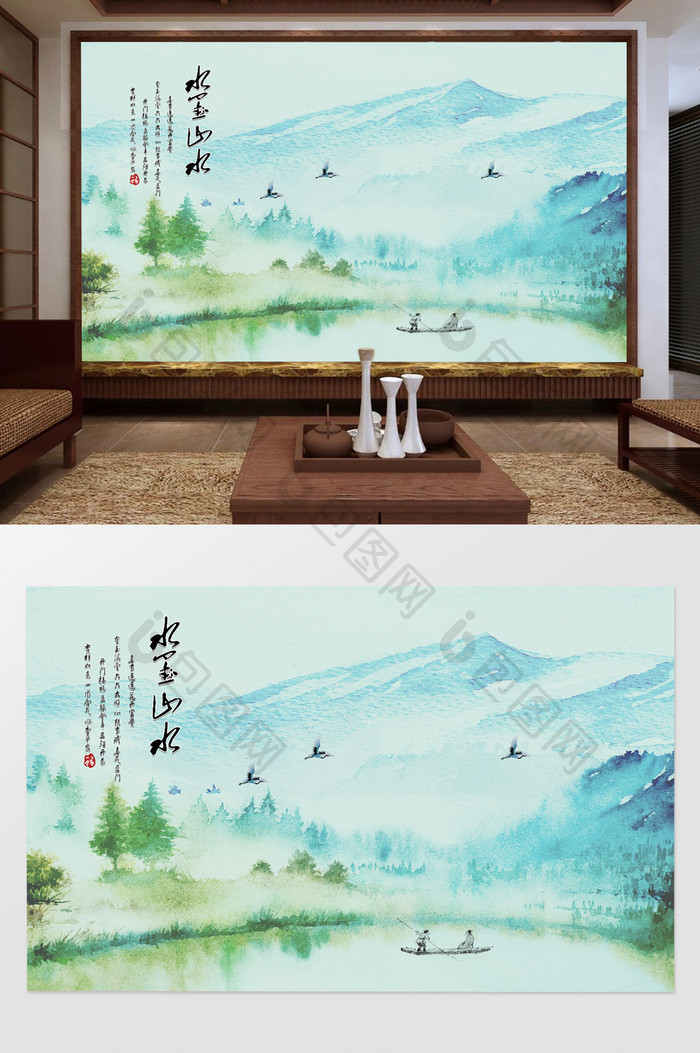 中国风青山绿水电视背景墙