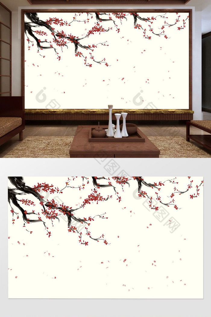 中式古风水墨花卉电视背景墙