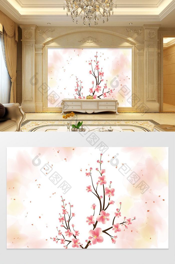 现代简约温馨浪漫手绘花卉电视背景墙