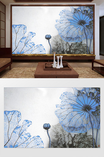 水蓝色水墨花莲池背景墙图片