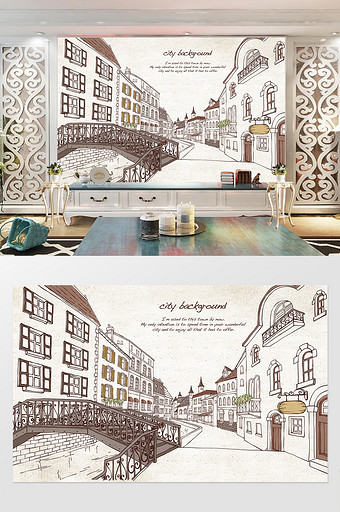 英式小镇素描画风背景墙图片下载