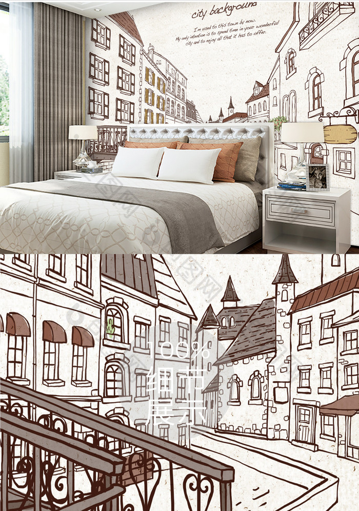 英式小镇素描画风背景墙