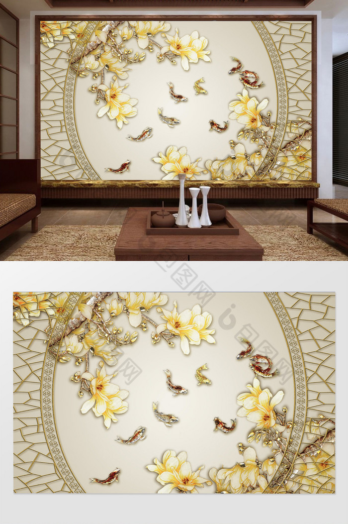 中式花边立体牡丹花鱼儿中式现代背景墙图片图片