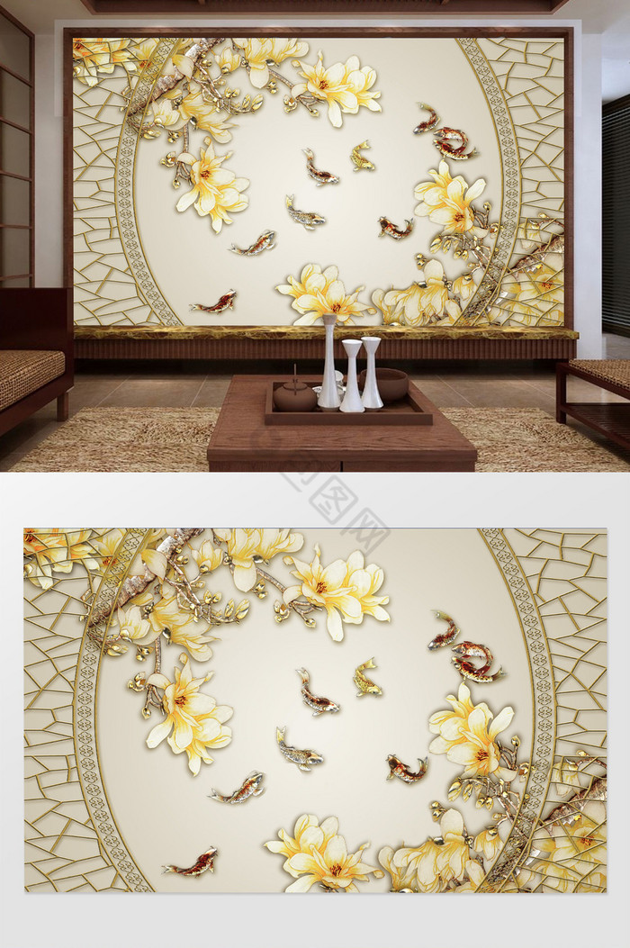 中式花边立体牡丹花鱼儿中式现代背景墙图片