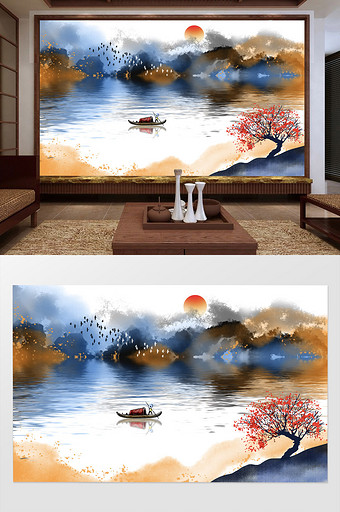新中式抽象山水画电视背景墙图片