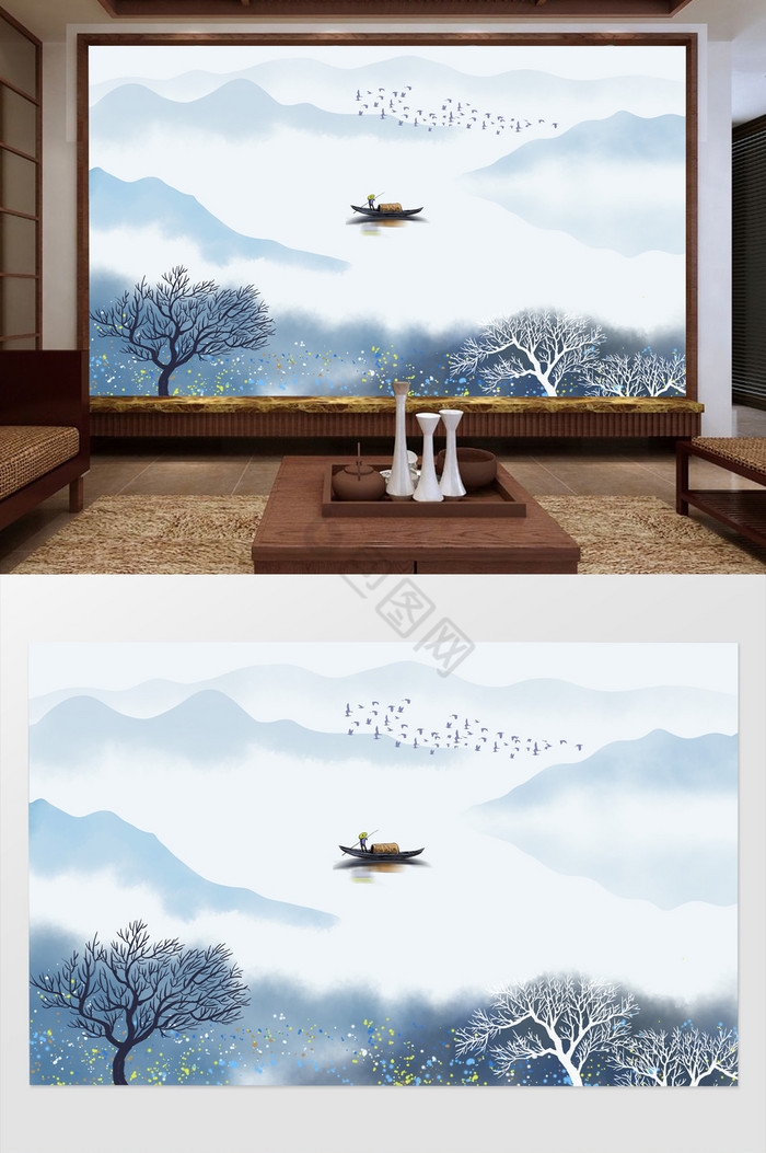新中式水墨山水背景装饰画图片