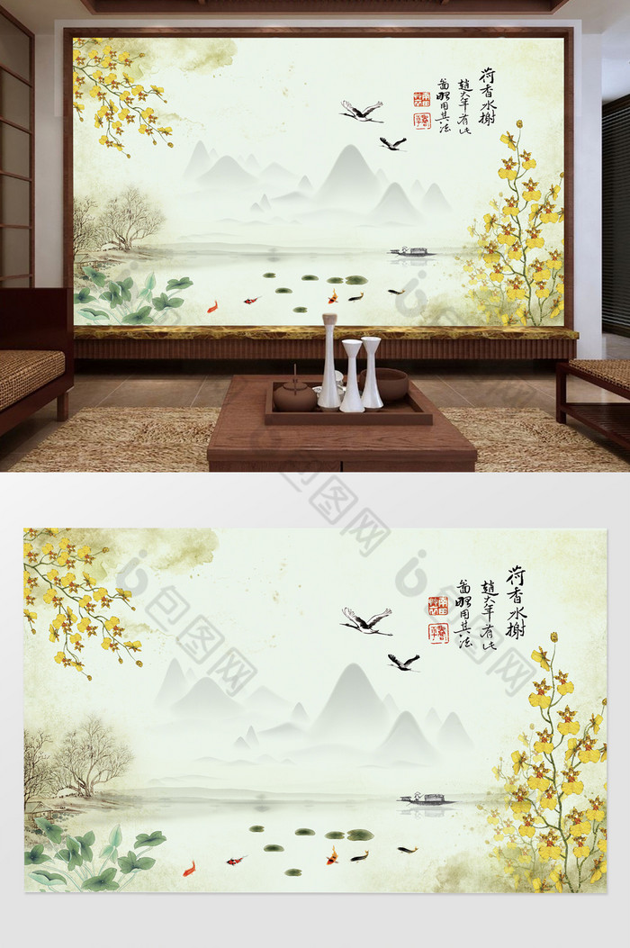 中式水墨花鸟背景墙设计图片图片