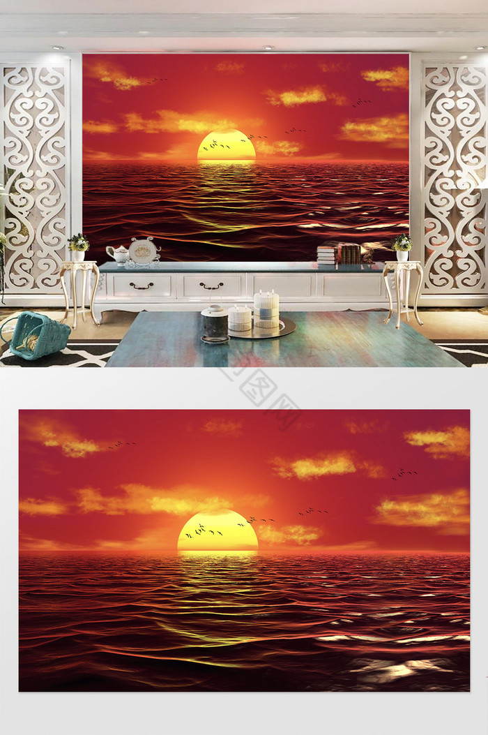 现代简约风景朝阳海面电视背景墙图片