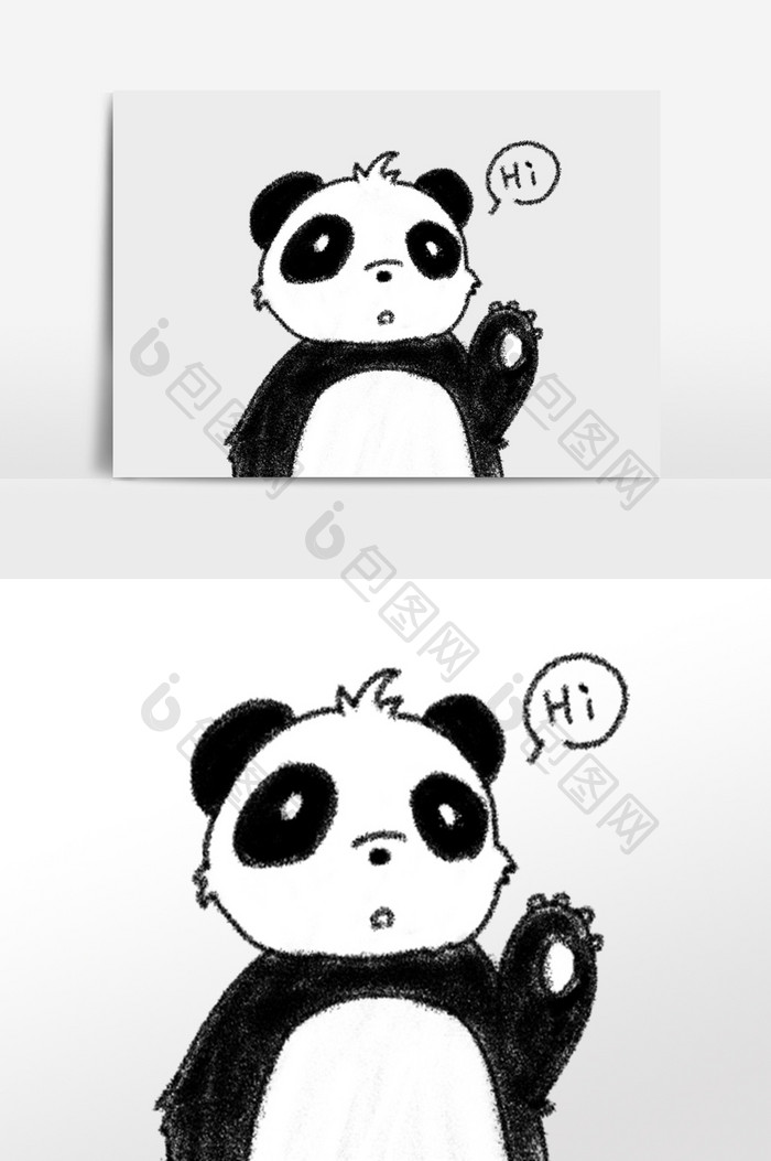 可爱黑白蜡笔风卡通熊猫打招呼手绘元素插画