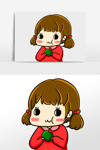 卡通可爱小女孩吃青团手绘元素插画图片