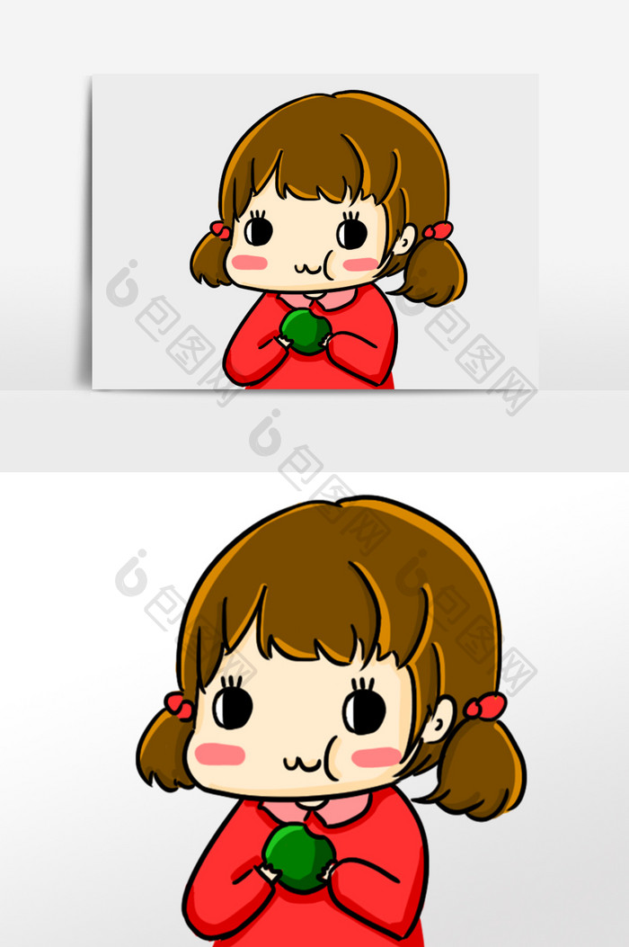 卡通可爱小女孩吃青团手绘元素插画