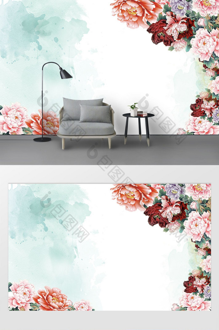 现代简约手绘花卉牡丹电视背景墙