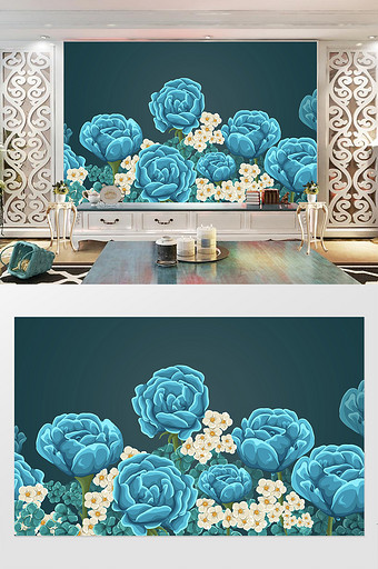 现代简约手绘蓝色牡丹花卉电视背景墙图片
