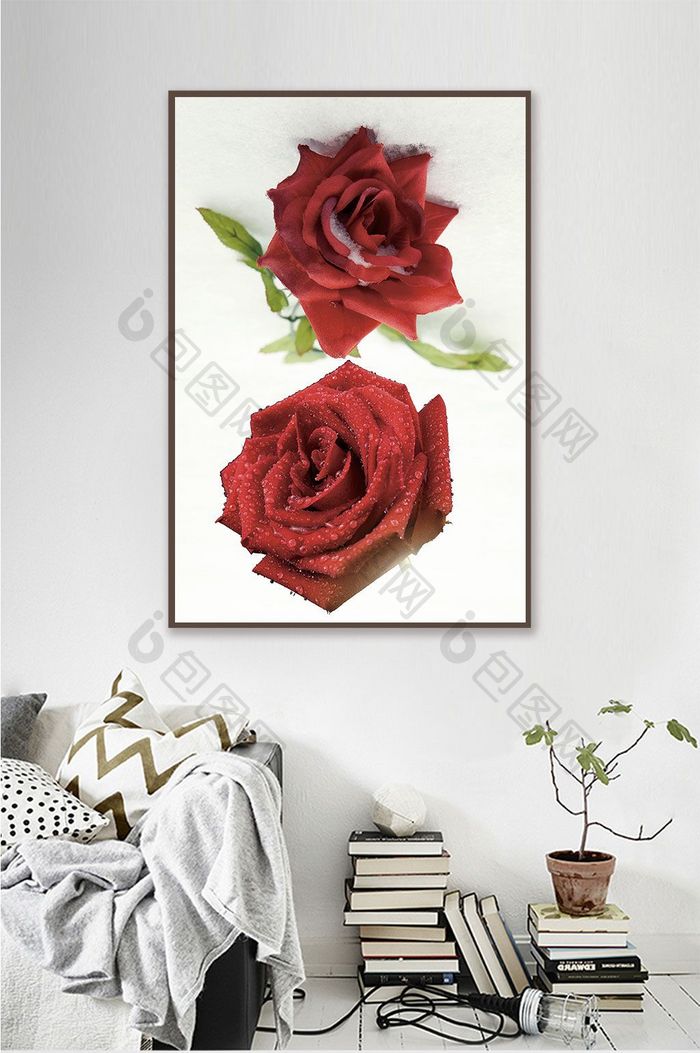 现代写实油画红色玫瑰书房卧室背景墙