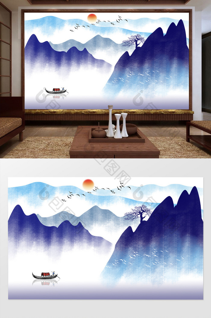 新中式蓝色抽象水墨山水画背景墙
