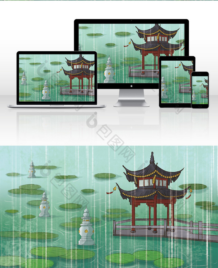 绿色系谷雨场景插画