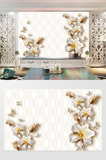 金色立体雕花珍珠蝴蝶高端大气背景墙图片