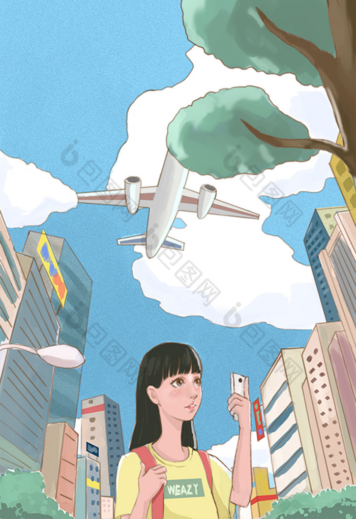 藍色城市生活女孩拿手機拍照插畫