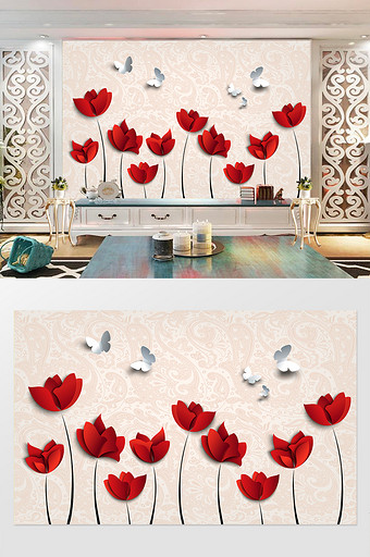 3D立体时尚红色花朵蝴蝶电视背景墙图片