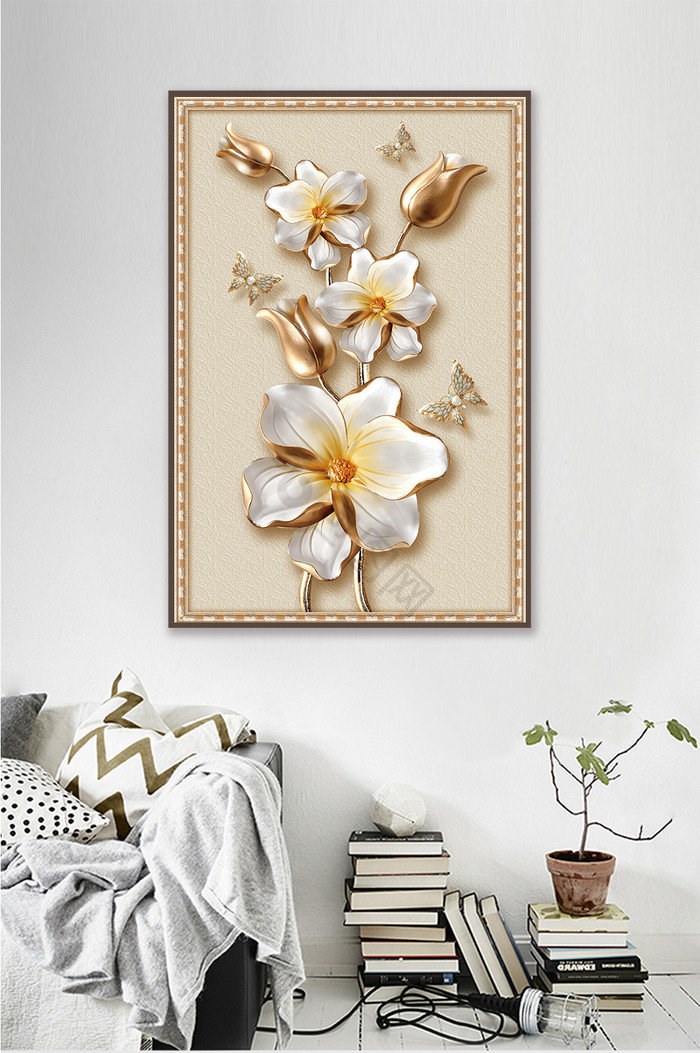 立体金色雕花珍珠蝴蝶高端大气家装一联装饰图片