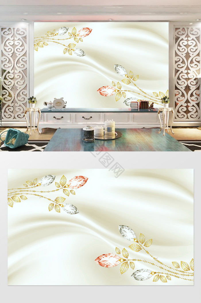 清新淡雅钻石珠宝金色雕花背景墙图片
