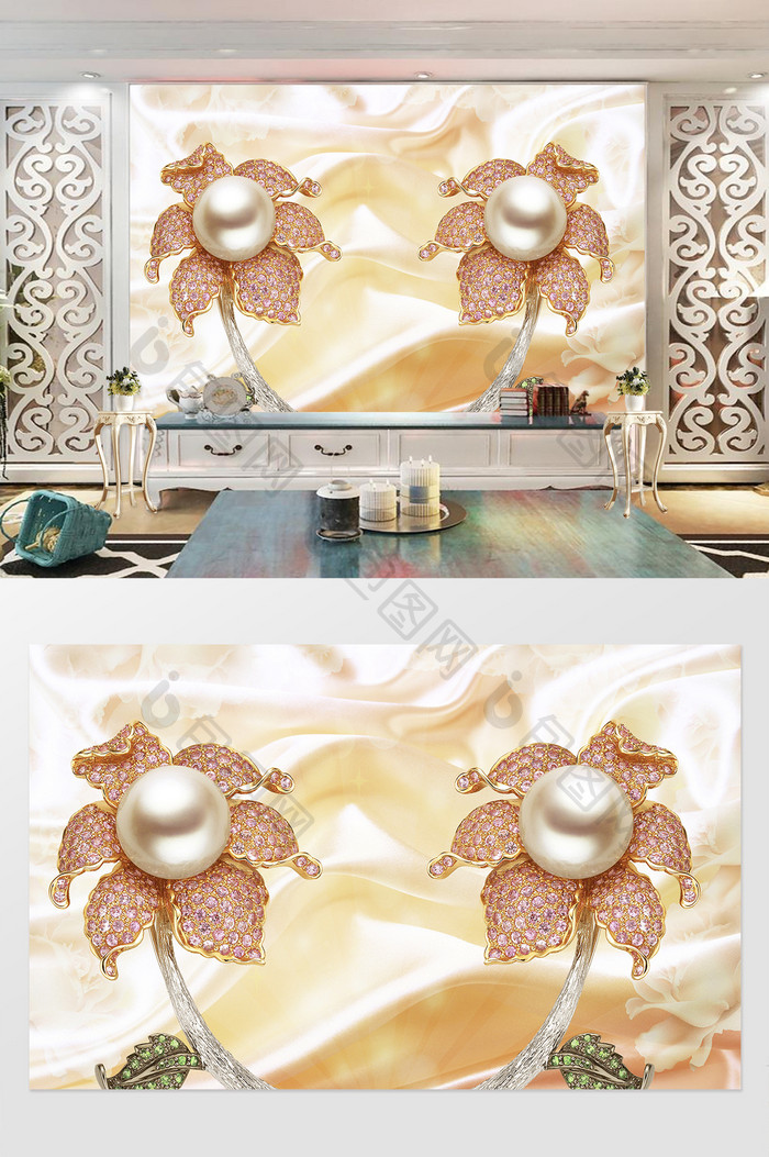珍珠饰品丝绸背景彩钻配饰高端奢华背景墙