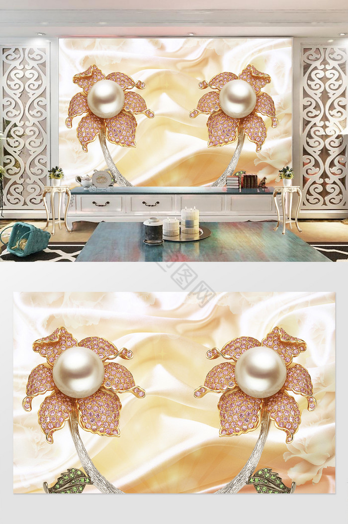 珍珠饰品丝绸背景彩钻配饰高端奢华背景墙图片