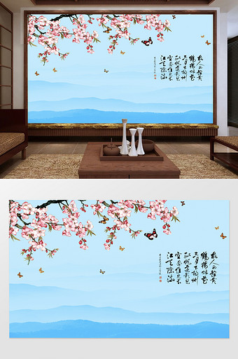 古典水墨清新桃花背景墙图片