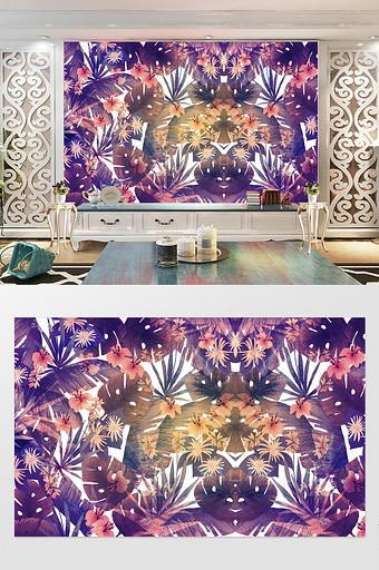 手绘风格淡紫色花卉电视背景墙图片