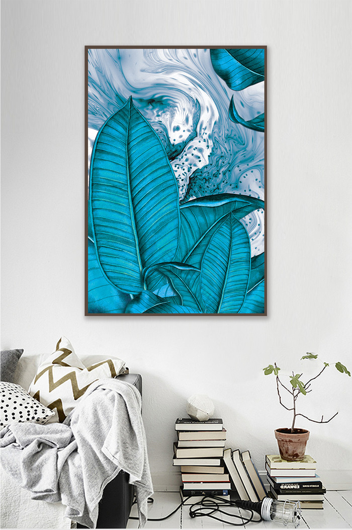 现代抽象热带蓝色调植物水墨纹理装饰画图片