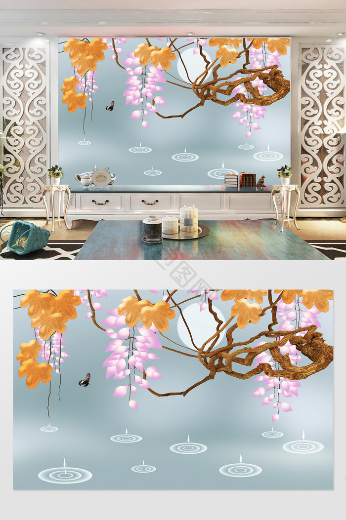 清新植物树叶水滴创意背景墙图片