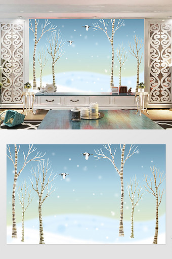 北欧式清新蓝色树枝仙鹤背景墙图片